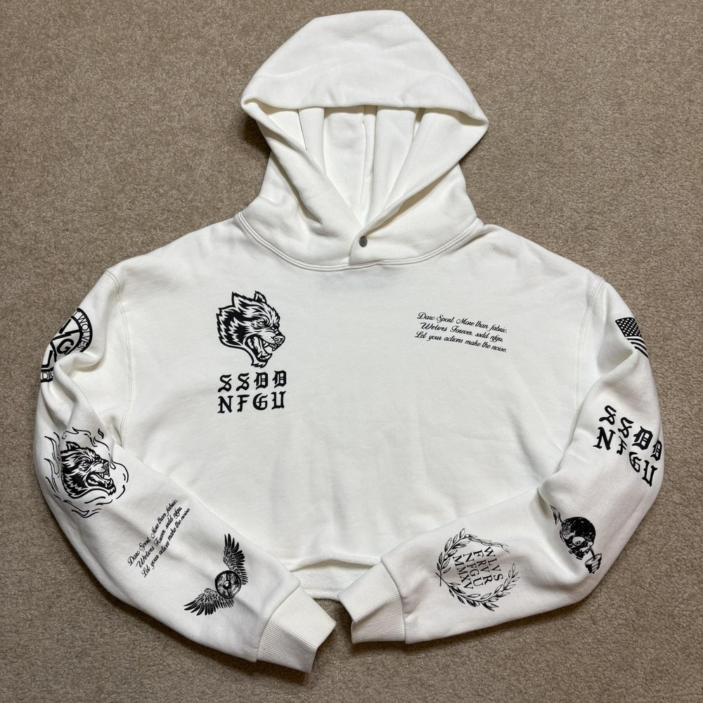 Darc Sport Wolves Hoodie Sweatshirt Womens Small White Cropped Graphic 484/500